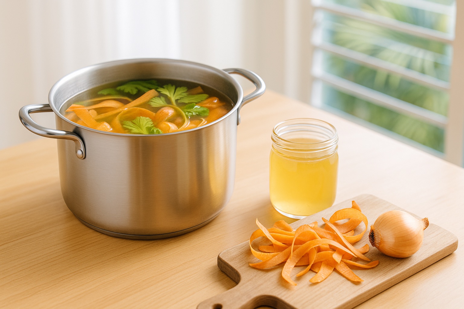 Bouillon maison préparé avec des épluchures de légumes : marmite, bocal de bouillon doré et pelures de carottes