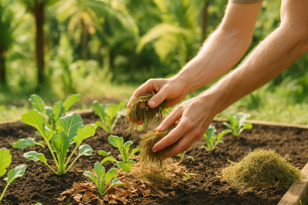 Paillage du potager avec des tontes de gazon séchées et des feuilles mortes autour de jeunes légumes